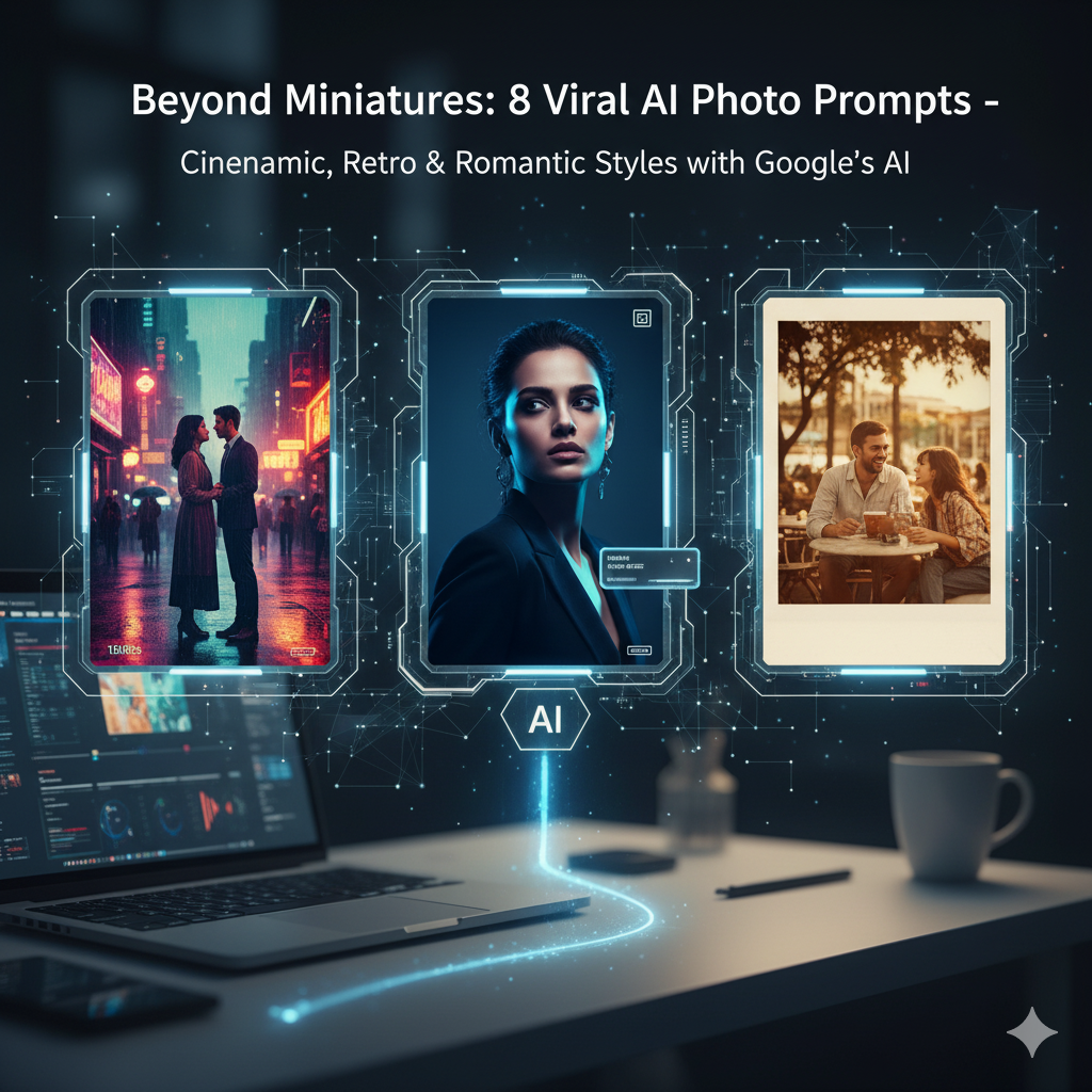 A visually striking digital art piece showcasing three different AI-generated image styles on screens, connected by glowing digital lines to a central "AI" icon and a laptop on a desk. From left to right: a moody, rainy city scene with a couple; a dramatic, blue-lit solo portrait of a woman; and a warm, sunlit retro photo of a couple at a cafe in a polaroid frame. The overall aesthetic is futuristic and highlights creative AI photo transformation.