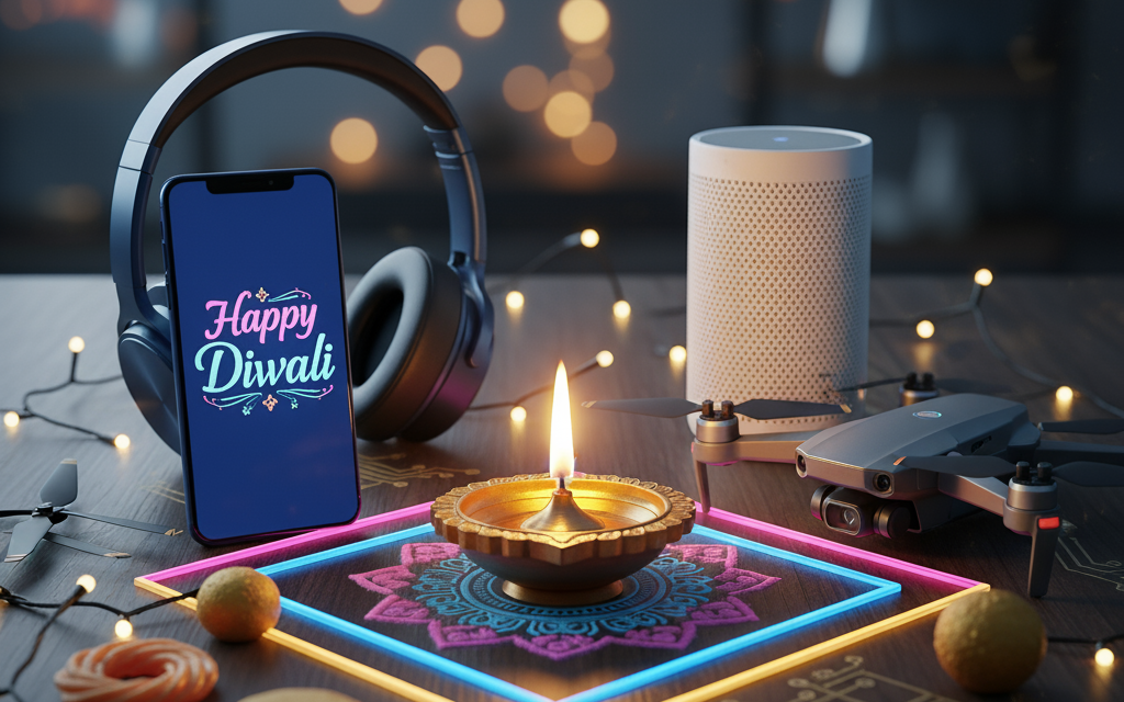 A festive arrangement of Diwali tech gifts for 2025, including headphones, a smart speaker, and a smartwatch, surrounded by glowing traditional diyas, Diwali Tech Gifts 2025